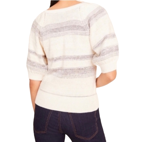 Ann Taylor Sweater Womens Petite Small Top Striped Short Sleeve Beige Grey - Picture 2 of 8